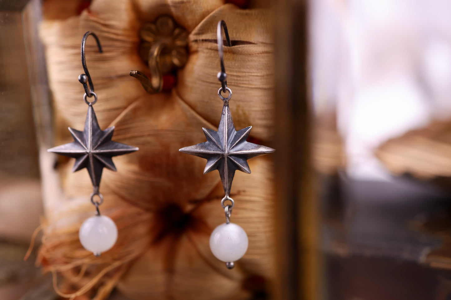 Celestial North Star Earrings - White Moonstone - Silver