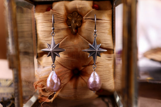 Celestial North Star Earrings - Pearl - Silver