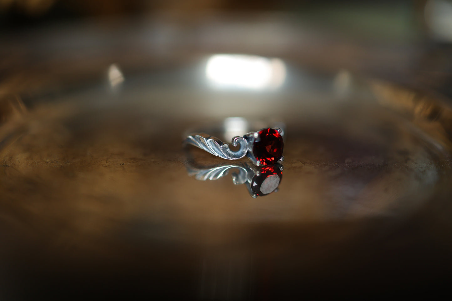 High Scroll Ring - Silver - Garnet