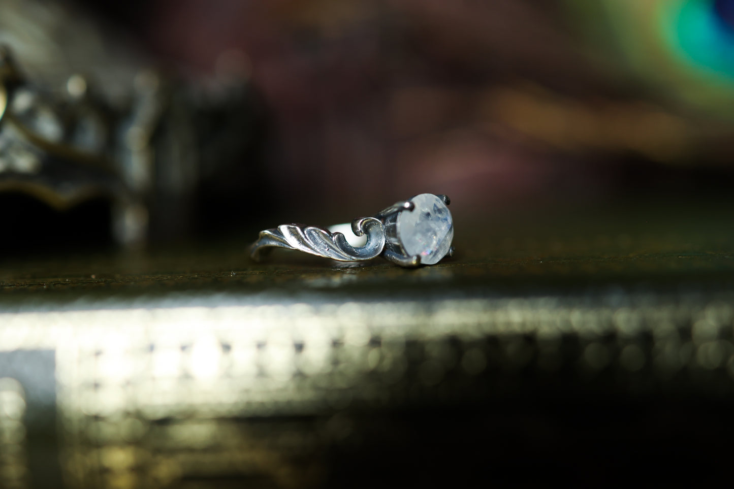 High Scroll Ring - Silver - Rainbow Moonstone