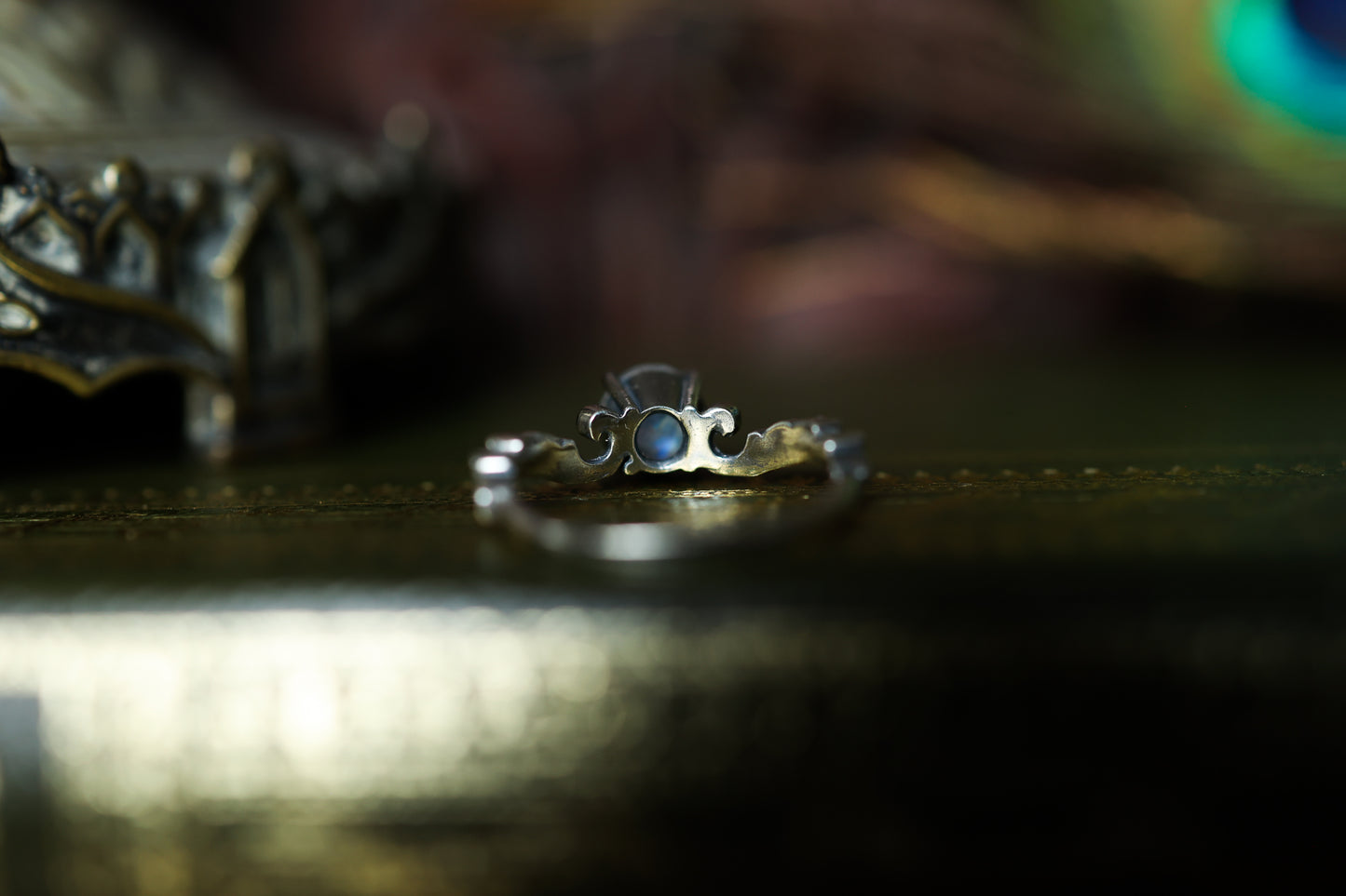 High Scroll Ring - Silver - Rainbow Moonstone